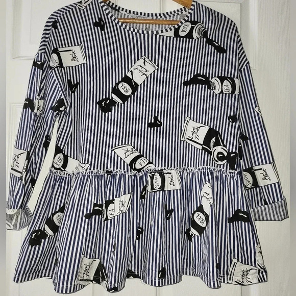ZARA Artist Paint Tubes Blue White Striped Blouse Top Size Small - Picture 1 of 6